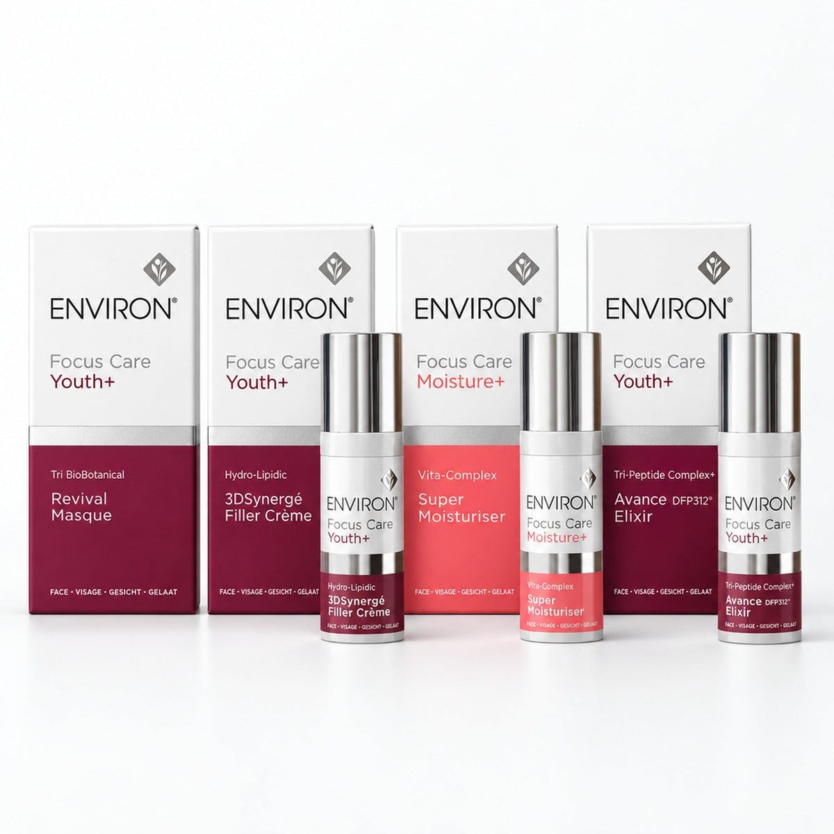 Environ Discovery Minis: the four 5ml boxes (Revival Masque, 3DSynergé Filler Crème, Super Moisturiser, Avance DFP312 Elixir) with the Filler Crème, Super Moisturiser and Elixir bottles in front