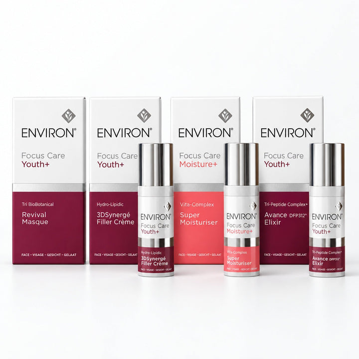 Environ Discovery Minis: the four 5ml boxes (Revival Masque, 3DSynergé Filler Crème, Super Moisturiser, Avance DFP312 Elixir) with the Filler Crème, Super Moisturiser and Elixir bottles in front
