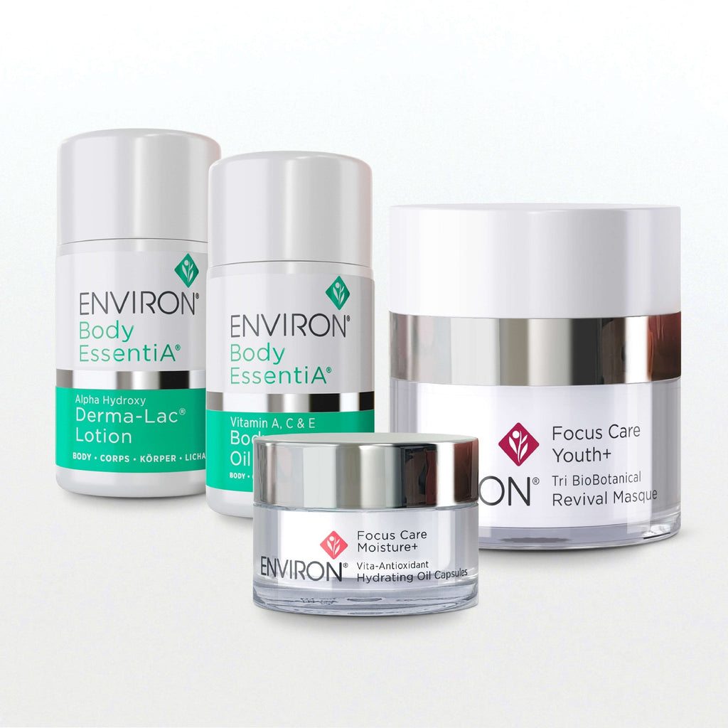 Environ Discovery sizes: Hydrating Oil Capsules jar and Revival Masque jar with the Body EssentiA minis