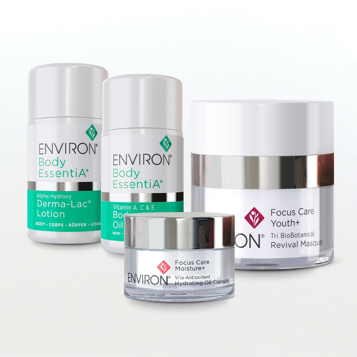 Environ Discovery sizes: Hydrating Oil Capsules jar and Revival Masque jar with the Body EssentiA minis
