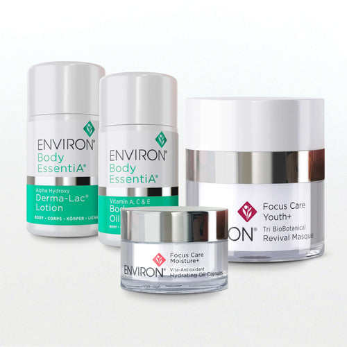 Environ Discovery sizes: Hydrating Oil Capsules jar and Revival Masque jar with the Body EssentiA minis