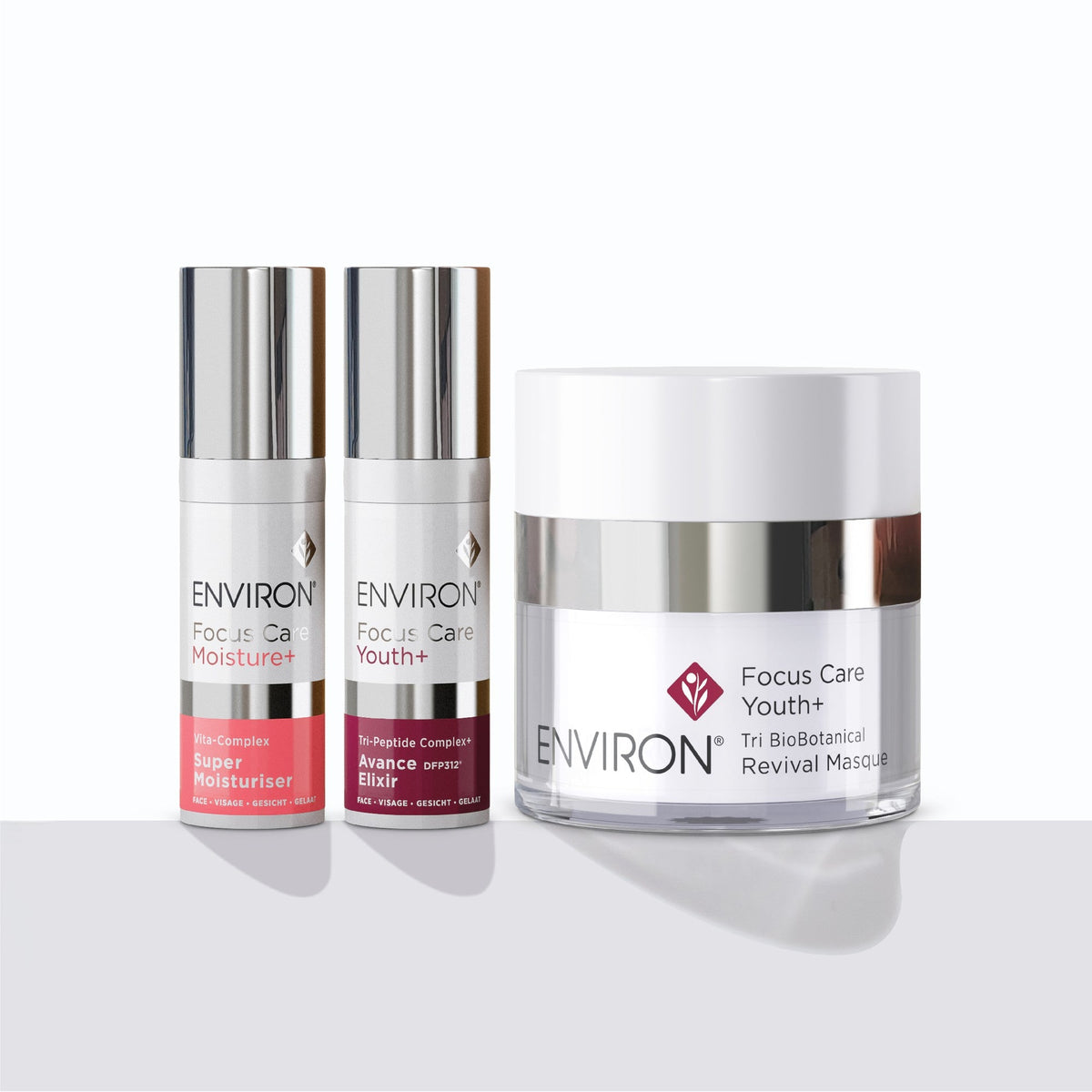 Environ Discovery sizes: Super Moisturiser 5ml, Avance Elixir 5ml and the Revival Masque jar