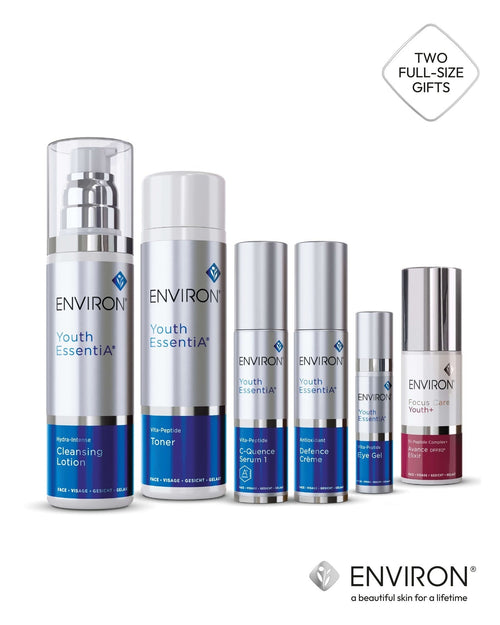Environ Youth Essential Sequence: the six Youth EssentiA products with a "Two full-size gifts" badge
